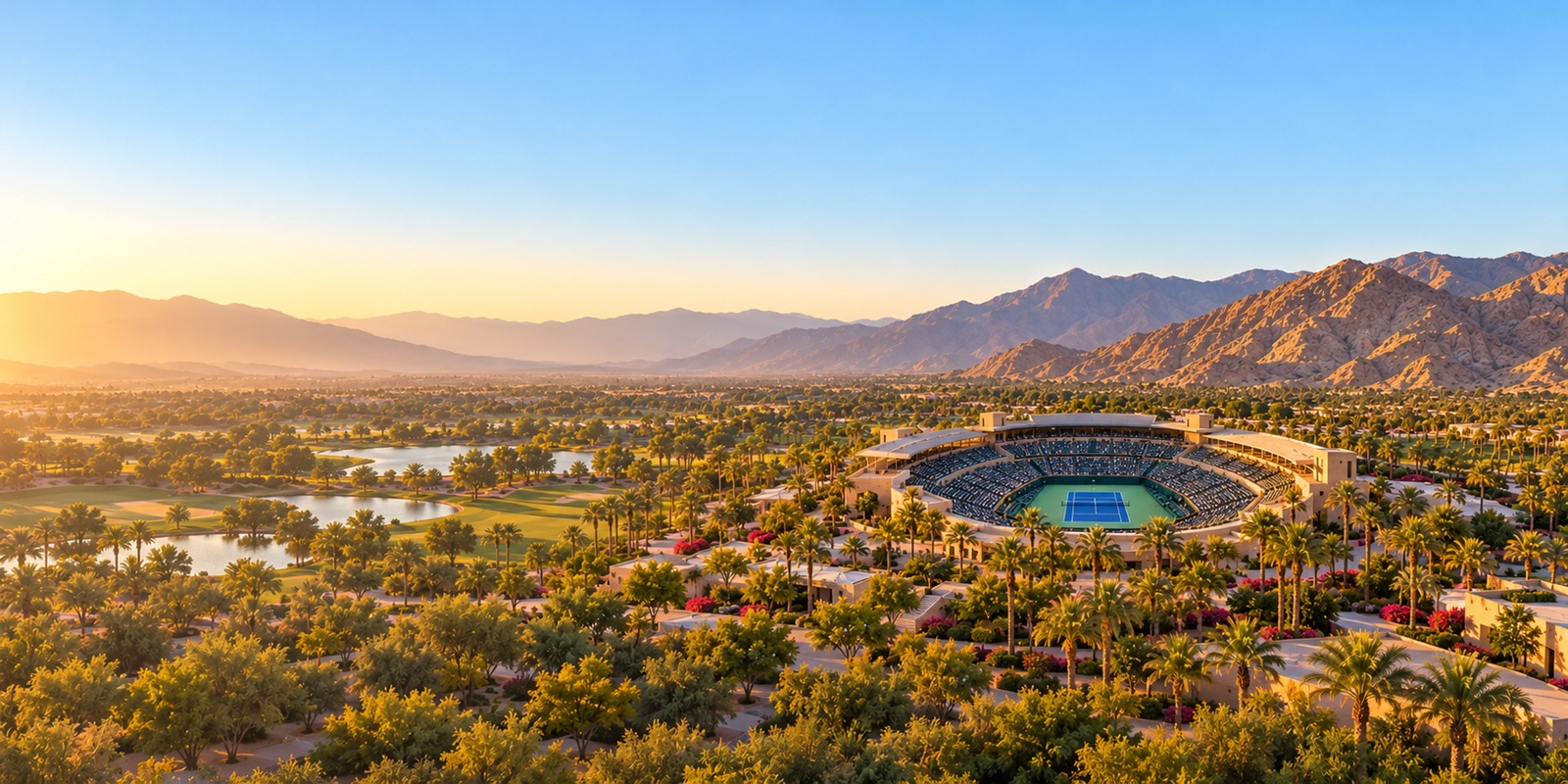 A tennis stadium among palms and lakes at golden hour, with the Santa Rosa Mountains behind