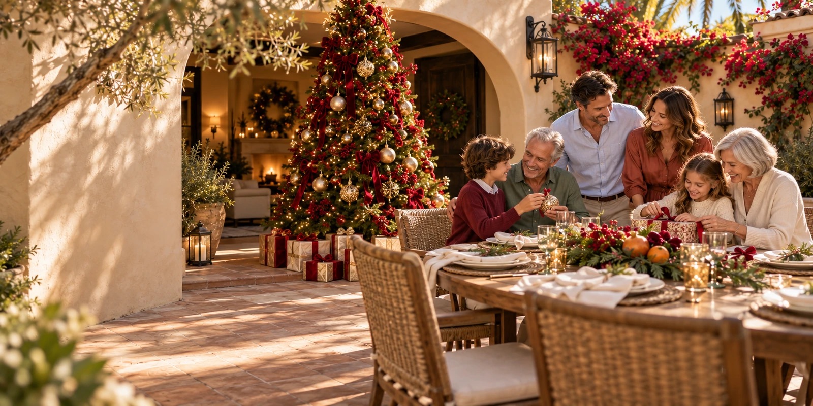 Three generations of a family wrapping gifts at an outdoor table in a sunlit Spanish-style courtyard, a decorated Christmas tree beneath the arch