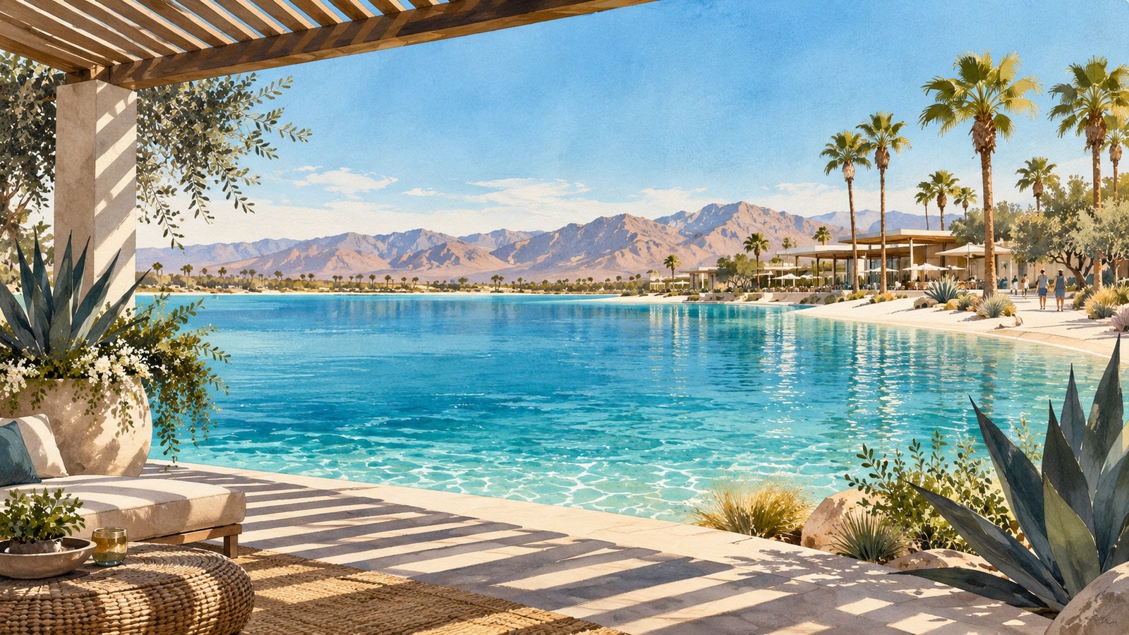A turquoise lagoon under desert mountains seen from a shaded pergola, with palms and a waterfront restaurant on the far shore