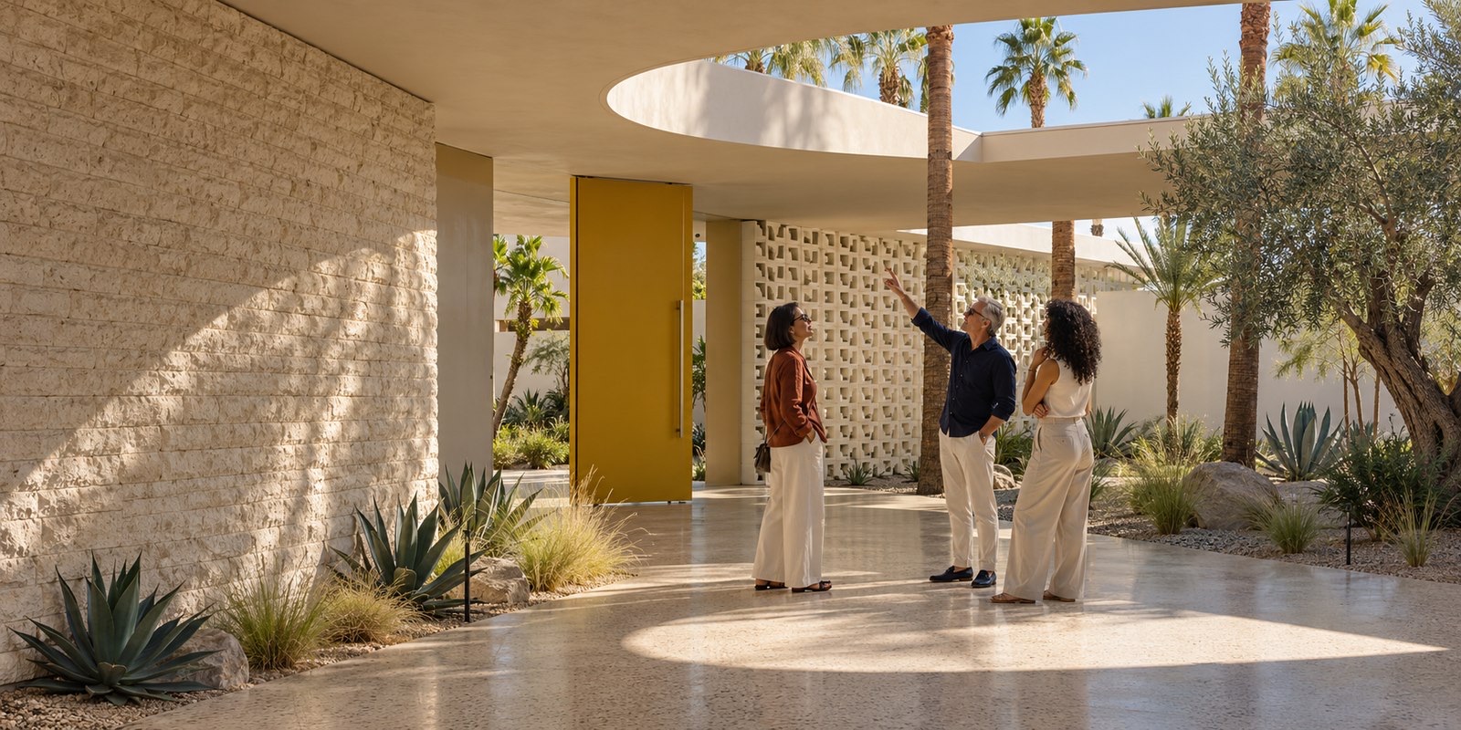 Three people in a desert-modern courtyard with a circular roof opening, a yellow pivot door and a breeze-block screen