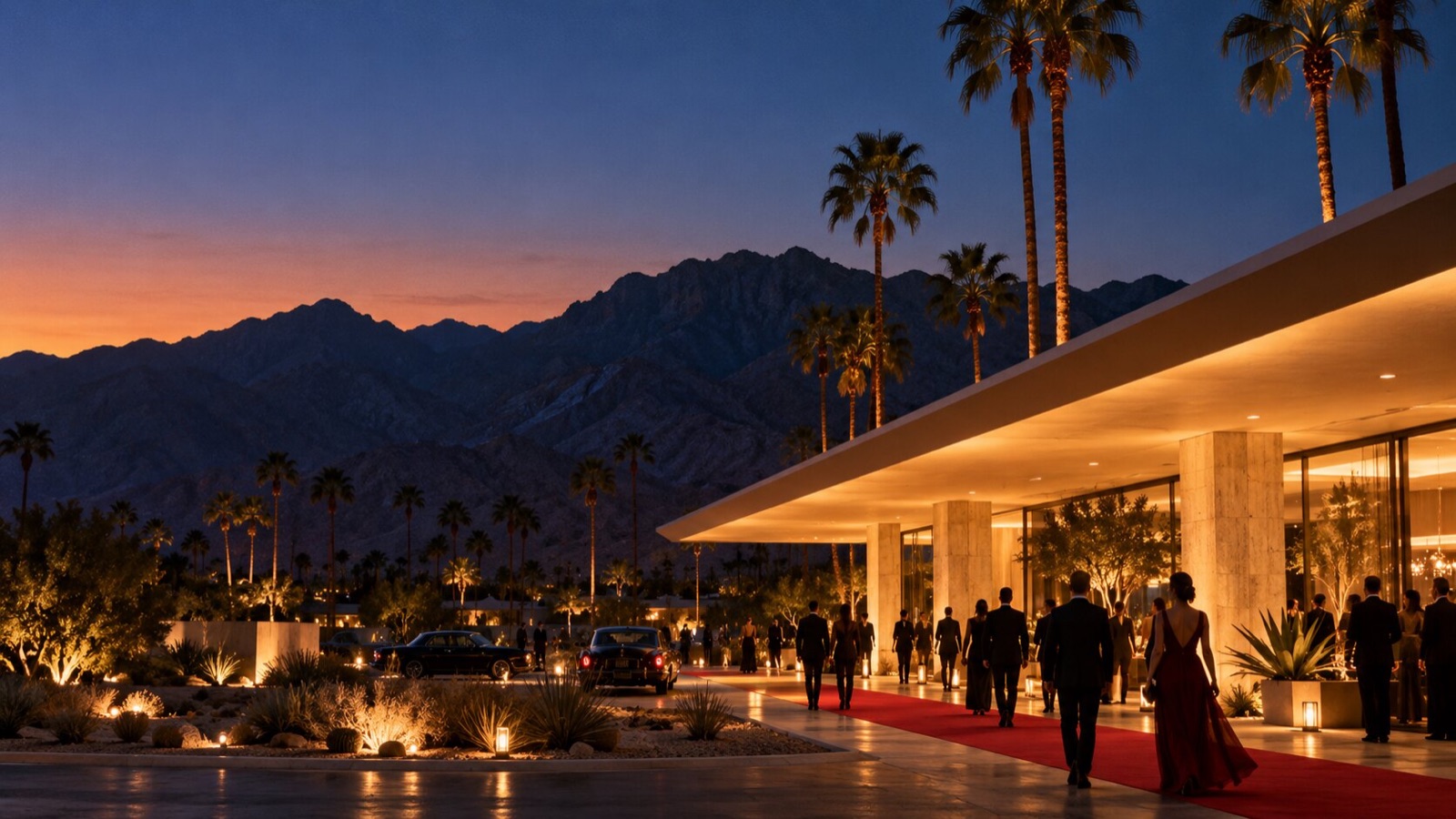 Conceptual desert cinema arrival at dusk, with palms, mountain silhouettes and a red carpet