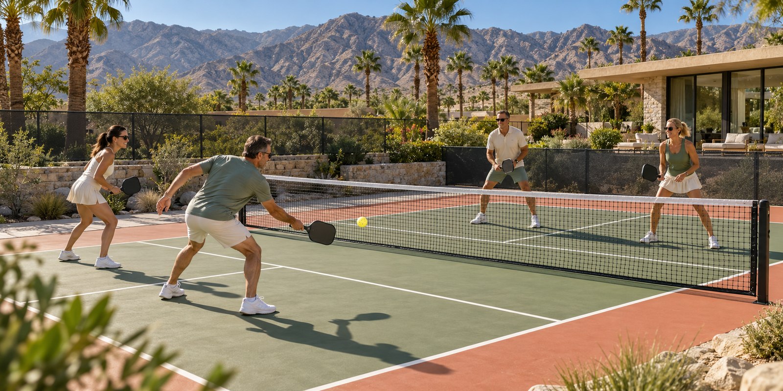 Friends playing doubles pickleball on a private desert court with palms and mountains behind