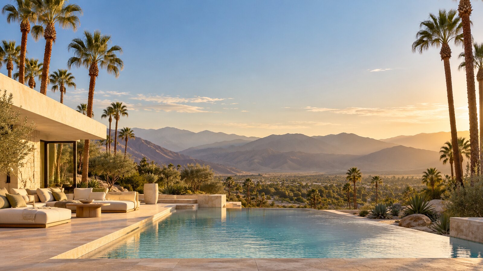 Desert villa terrace and pool framed by palms and distant mountains
