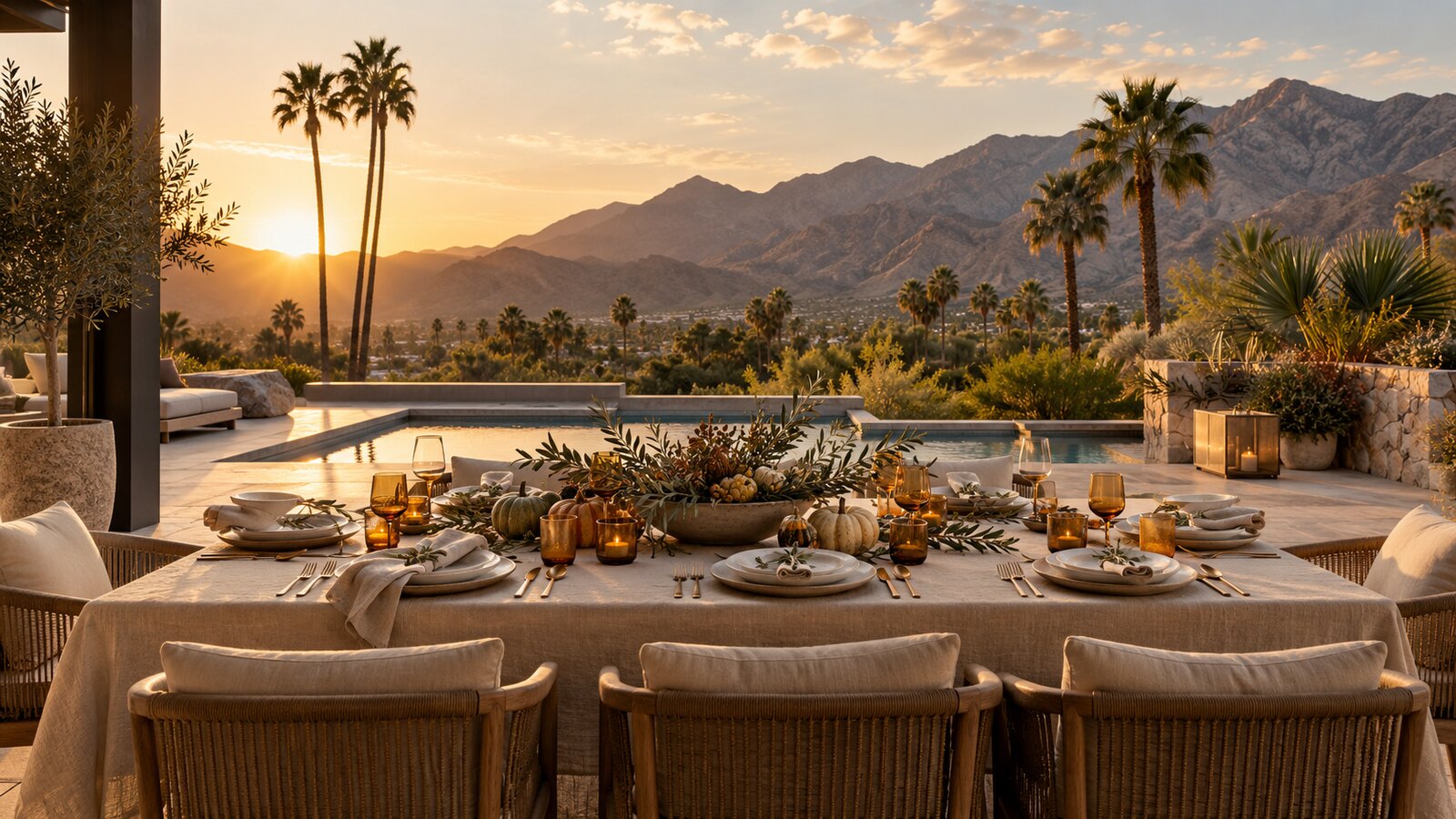 Holiday table overlooking a pool, palms and desert mountains at sunset