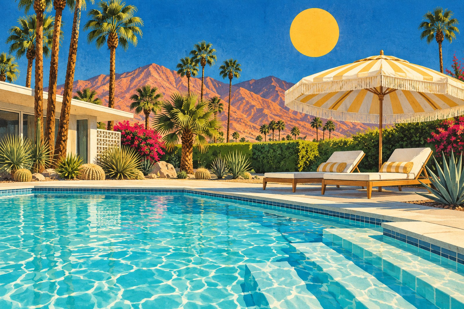 Illustration of a Palm Springs pool on a bright desert afternoon